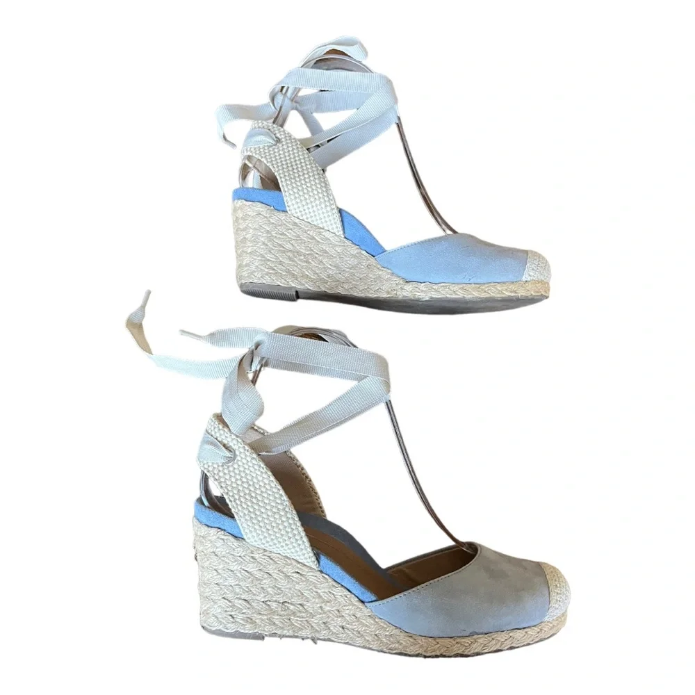 Vionic Espadrille Wedges Strappy Tie Aruba Maris Blue and Khaki